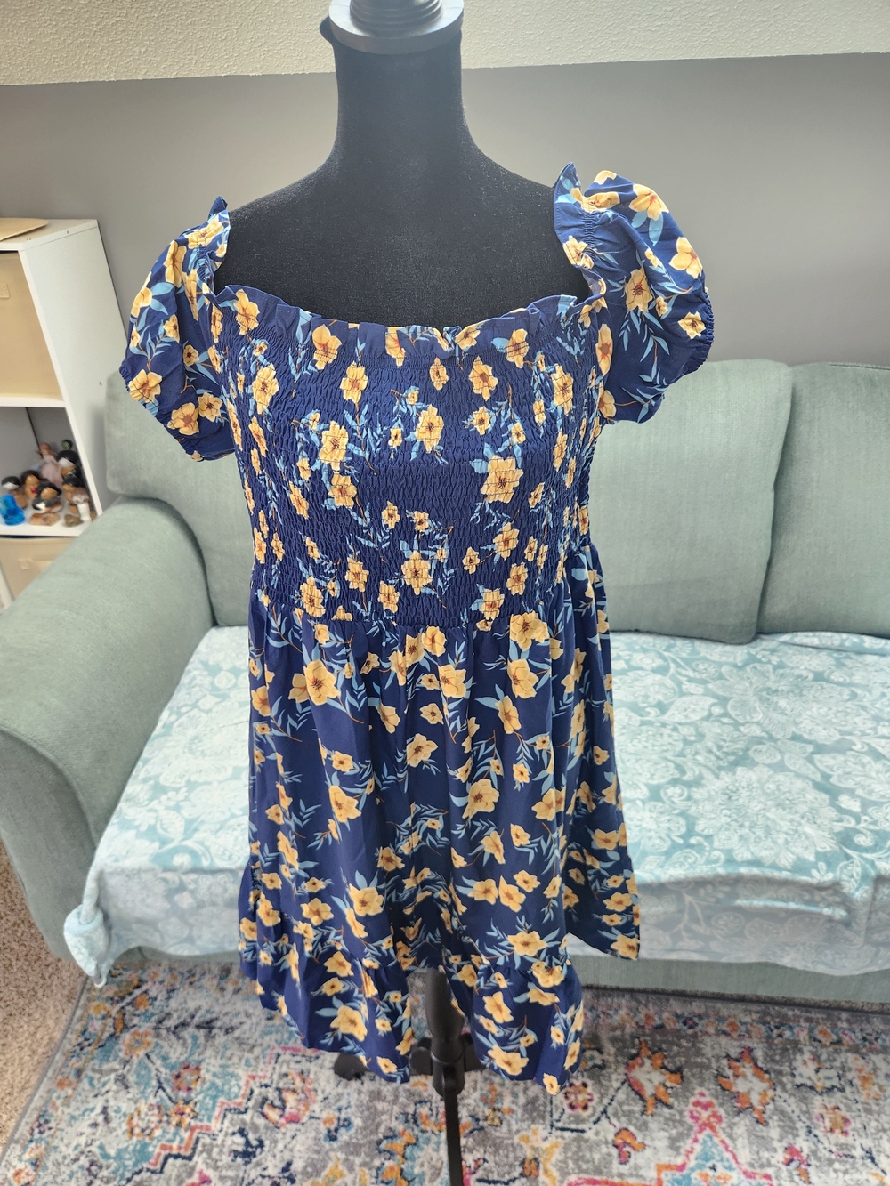 Shein Curve Navy Blue Floral Puff Sleeve Sundress Yellow Flowers 1X Plus Good!